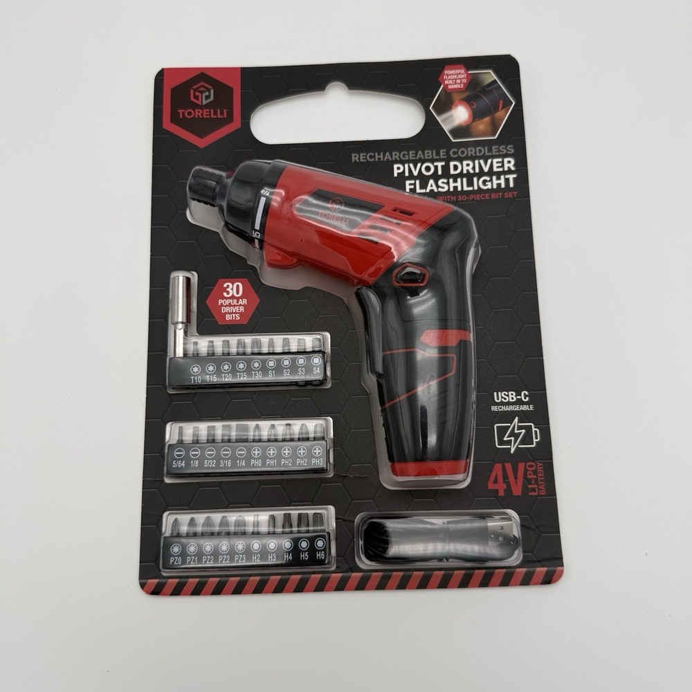 Torelli 4V Rechargeable Cordless Pivot Driver Flashlight 35pc Bit Set USB-C Red